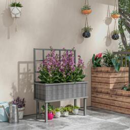 Rackhams Wood Raised Planter w/ Trellis Drain Holes Elevated Garden Bed Grey - Grey - Fir Wood - 105W x 45D x 140Hcm