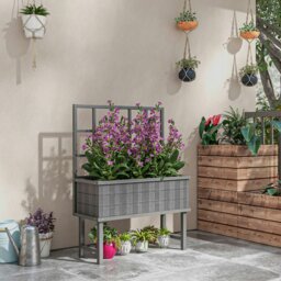 Rackhams Wood Raised Planter w/ Trellis Drain Holes Elevated Garden Bed Grey - Grey - Fir Wood - 105W x 45D x 140Hcm - thumbnail 2