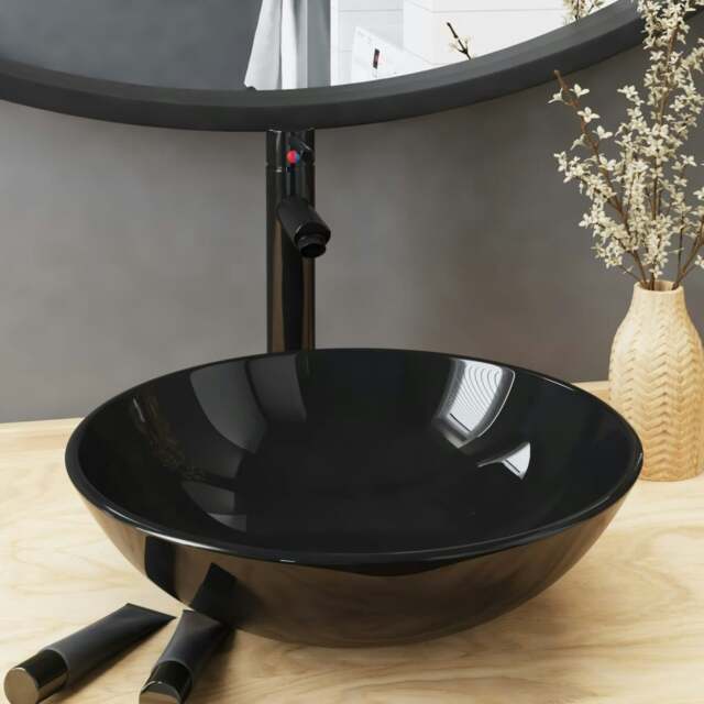 Rackhams Bathroom Sink with Tap and Push Drain Black Tempered Glass