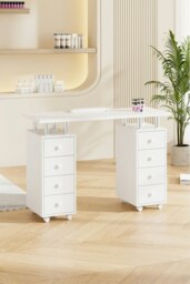 Rackhams Fashion Makeup Desk Dresser Manicure Table Nail Desk with Rolling Wheels For Spa Beauty Salon & Home - White - thumbnail 2