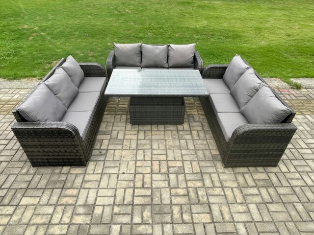 Rackhams Patio Garden Dining Set Outdoor Rattan Furniture Lounge Sofa Height Adjustable Rising lifting Table Dark Grey Mixed - image 1