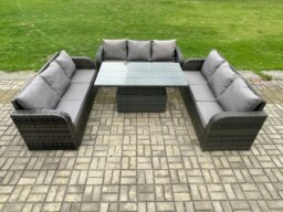 Rackhams Patio Garden Dining Set Outdoor Rattan Furniture Lounge Sofa Height Adjustable Rising lifting Table Dark Grey Mixed - thumbnail 1