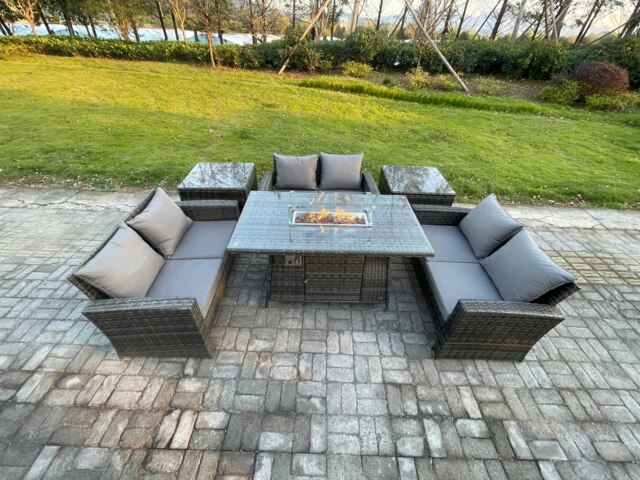 Rackhams High Back Rattan Garden Furniture Sofa Sets with Outdoor Furniture Gas Fire Pit Dining Table Set 2 Side Tables Dark Grey Mixed - image 1