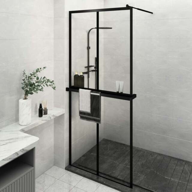 Rackhams Walk-in Shower Wall with Shelf Black 100x195 cm ESG Glass&Aluminium