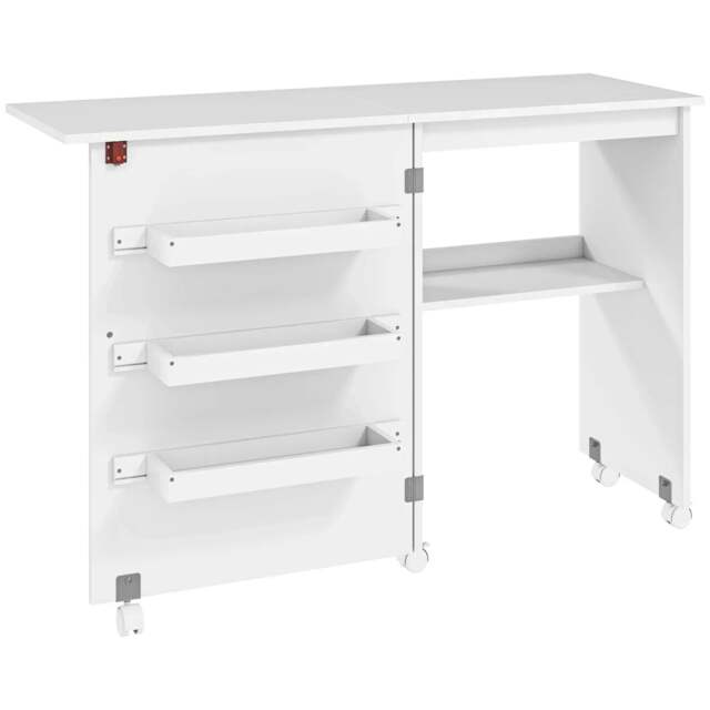 Rackhams Folding Sewing Table, Drop Leaf Craft Table with Storage Bins, Open Shelf and Wheels, Rolling Sewing Machine Cabinet Computer Desk, White