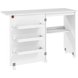 Rackhams Folding Sewing Table, Drop Leaf Craft Table with Storage Bins, Open Shelf and Wheels, Rolling Sewing Machine Cabinet Computer Desk, White - White
