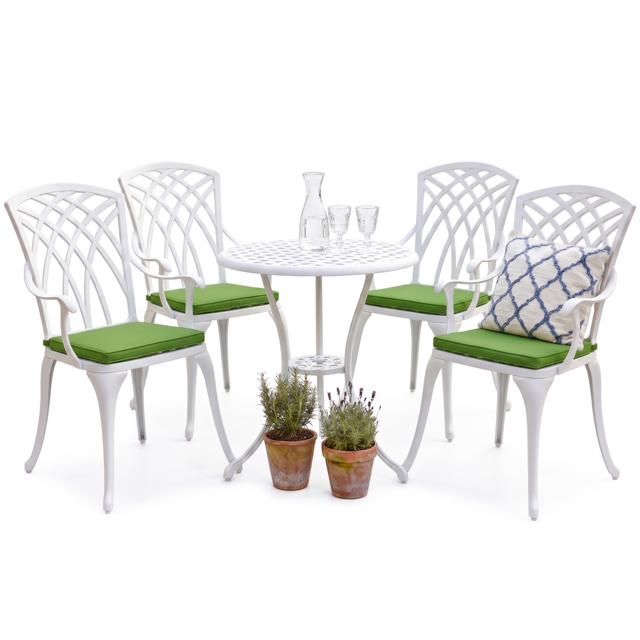 Rackhams OSHOWA Luxurious Garden and Patio Table and 4 Large Chairs with Armrests Cast Aluminium Bistro Set - White with Green Cushions - image 1