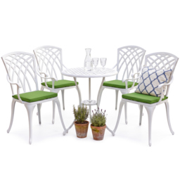Rackhams OSHOWA Luxurious Garden and Patio Table and 4 Large Chairs with Armrests Cast Aluminium Bistro Set - White with Green Cushions - thumbnail 1