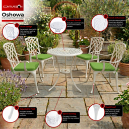 Rackhams OSHOWA Luxurious Garden and Patio Table and 4 Large Chairs with Armrests Cast Aluminium Bistro Set - White with Green Cushions - thumbnail 4