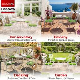 Rackhams OSHOWA Luxurious Garden and Patio Table and 4 Large Chairs with Armrests Cast Aluminium Bistro Set - White with Green Cushions - thumbnail 3