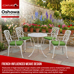 Rackhams OSHOWA Luxurious Garden and Patio Table and 4 Large Chairs with Armrests Cast Aluminium Bistro Set - White with Green Cushions - thumbnail 2