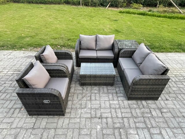 Rackhams Rattan Garden Furniture Set 6 Seater Patio Outdoor Lounge Sofa Set with 2 Reclining Chairs Rectangular Coffee Table Side Table Dark Grey Mixed - image 1