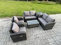 Rackhams Rattan Garden Furniture Set 6 Seater Patio Outdoor Lounge Sofa Set with 2 Reclining Chairs Rectangular Coffee Table Side Table Dark Grey Mixed - thumbnail 2