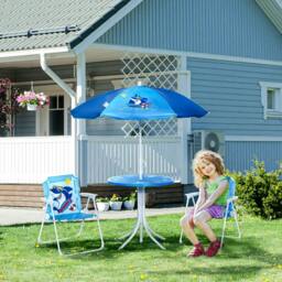 Rackhams Kids Outdoor Bistro Table and Chair Set, Folding Garden Furniture w/ Shark Design, Removable, Adjustable Sun Umbrella, Ages 3-6 Years - Blue - thumbnail 2