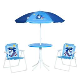 Rackhams Kids Outdoor Bistro Table and Chair Set, Folding Garden Furniture w/ Shark Design, Removable, Adjustable Sun Umbrella, Ages 3-6 Years - Blue - thumbnail 1