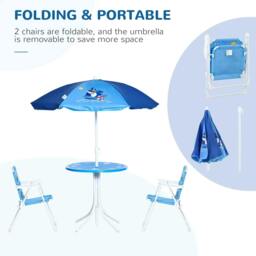Rackhams Kids Outdoor Bistro Table and Chair Set, Folding Garden Furniture w/ Shark Design, Removable, Adjustable Sun Umbrella, Ages 3-6 Years - Blue - thumbnail 4
