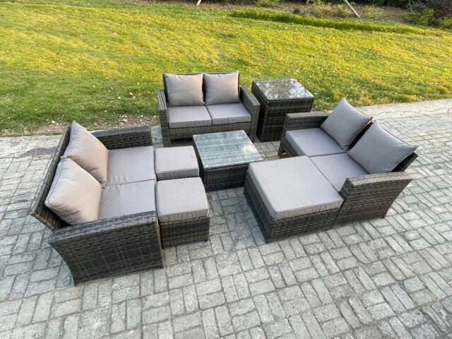Rackhams Outdoor Lounge Sofa Set Wicker PE Rattan Garden Furniture Set with Square Coffee Table Double Seat Sofa 3 Footstools Side Table Dark Grey Mixed - image 1