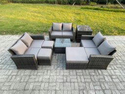 Rackhams Outdoor Lounge Sofa Set Wicker PE Rattan Garden Furniture Set with Square Coffee Table Double Seat Sofa 3 Footstools Side Table Dark Grey Mixed - thumbnail 2