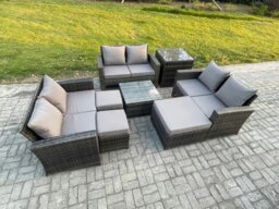 Rackhams Outdoor Lounge Sofa Set Wicker PE Rattan Garden Furniture Set with Square Coffee Table Double Seat Sofa 3 Footstools Side Table Dark Grey Mixed - thumbnail 1