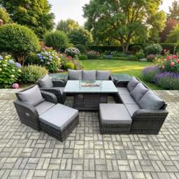 Rackhams 10 Seater Rattan Outdoor Furniture Set with Gas Fire Pit Dining Table, 2 Reclining Chairs, 2 3-Seater Sofas, 2 Side Tables - Dark Grey
