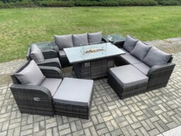 Rackhams 10 Seater Rattan Outdoor Furniture Set with Gas Fire Pit Dining Table, 2 Reclining Chairs, 2 3-Seater Sofas, 2 Side Tables - Dark Grey - thumbnail 3