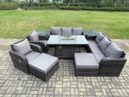 Rackhams 10 Seater Rattan Outdoor Furniture Set with Gas Fire Pit Dining Table, 2 Reclining Chairs, 2 3-Seater Sofas, 2 Side Tables - Dark Grey - thumbnail 2