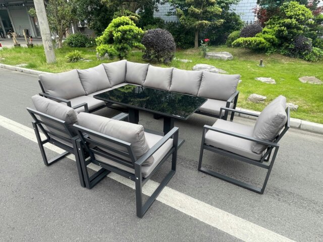 Rackhams Aluminum Outdoor Garden Furniture Corner Sofa Chair Adjustable Rising Lifting Dining Table Sets Black Tempered Glass Dark Grey 9 Seater