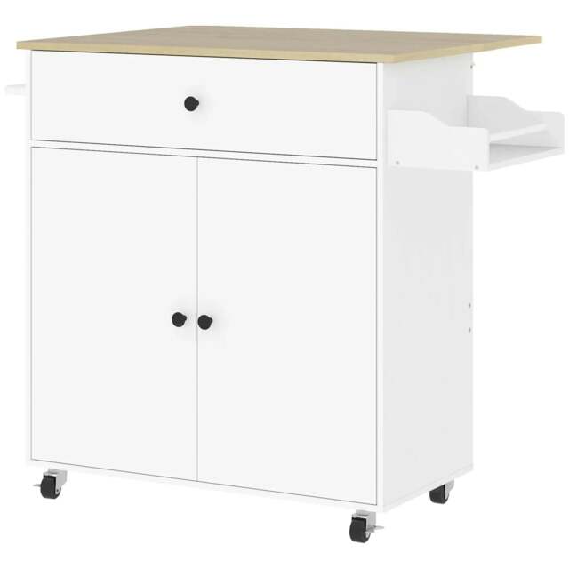 Rackhams Rolling Kitchen Island with Drop Leaf, Kitchen Storage Cart with Drawer, Spice Rack and Towel Rack, White