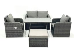 Rackhams Outdoor Garden Furniture Set Rattan Sofa Dining Table Set with Reclining Chair Big Footstool Dark Grey Mixed - thumbnail 2