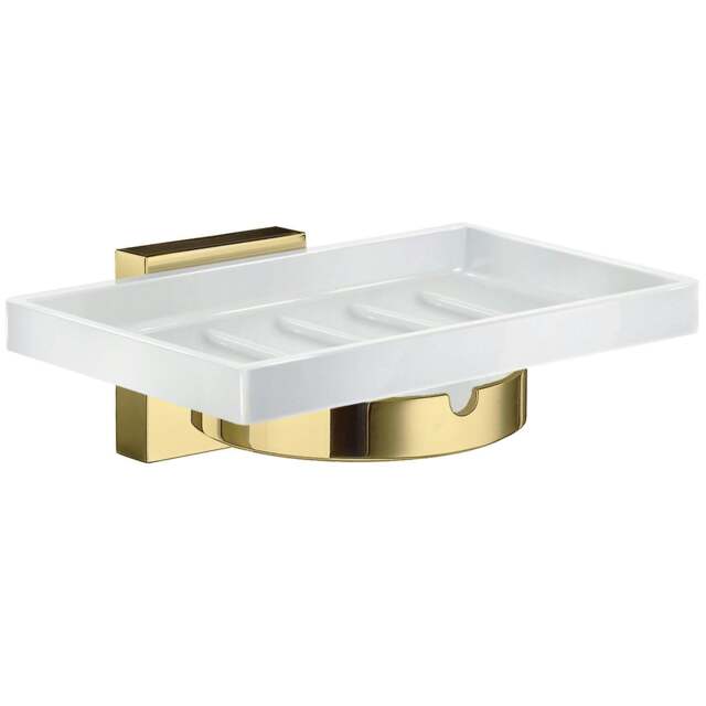 Rackhams Porcelain Rectangular Soap Dish Tray and Polished Brass Wall Mounted Holder with Concealed Screws for Bath Shower Bathroom