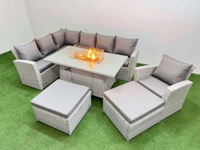 Rackhams Rattan Corner Sofa Chair Set Outdoor Furniture Garden Dining Sets Gas Fire Pit Table with Temper Glass 2 Big Footstools Light Grey Mixed - image 1