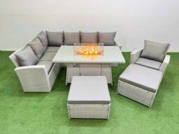 Rackhams Rattan Corner Sofa Chair Set Outdoor Furniture Garden Dining Sets Gas Fire Pit Table with Temper Glass 2 Big Footstools Light Grey Mixed - thumbnail 2