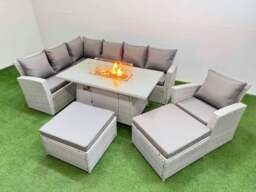 Rackhams Rattan Corner Sofa Chair Set Outdoor Furniture Garden Dining Sets Gas Fire Pit Table with Temper Glass 2 Big Footstools Light Grey Mixed - thumbnail 1
