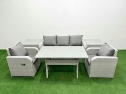 Rackhams PE Rattan Garden Furniture Set Reclining Chair Sofa Lounge Sofa Set Rectangular Dining Table 2 Side Table Light Grey - thumbnail 1