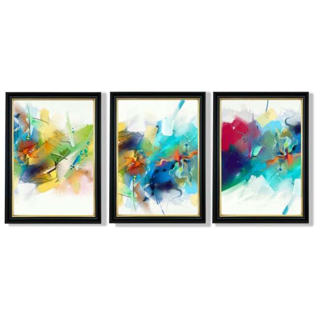 Rackhams Set of 3 Abstract Multicolour Blue Pink Framed Wall Art Prints - 50x70cm - Vermeer Gold