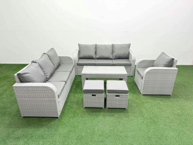 Rackhams 9 Seater Poly Rattan Outdoor Garden Furniture Oblong Coffee Table Sofa Set Patio 3 Seater Sofa Reclining Chair 3 Seater Sofa Stools Light Grey - image 1