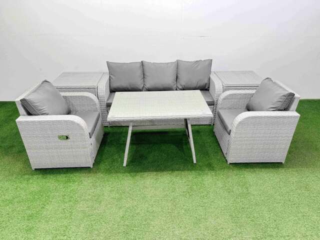 Rackhams Reclining Chair 3 Seat Sofa Set Garden Furniture Set with Rectangular Dining Table 2 Side Tables Light Grey - image 1