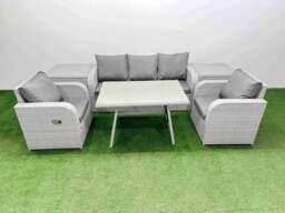 Rackhams Reclining Chair 3 Seat Sofa Set Garden Furniture Set with Rectangular Dining Table 2 Side Tables Light Grey - thumbnail 1