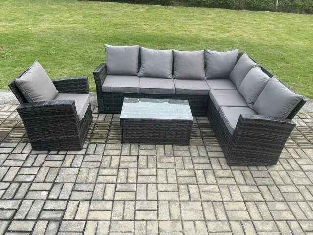 Rackhams Rattan Garden Furniture Corner Sofa Set 4 Pieces Outdoor Patio Sofa Chair Table Set with Rectangular Coffee Table Dark Grey Mixed - image 1