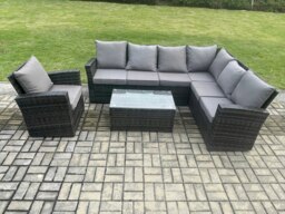 Rackhams Rattan Garden Furniture Corner Sofa Set 4 Pieces Outdoor Patio Sofa Chair Table Set with Rectangular Coffee Table Dark Grey Mixed - thumbnail 1