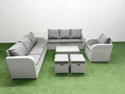 Rackhams 9 Seater Poly Rattan Outdoor Garden Furniture Sofa Set Patio 3 Seater Sofa Reclining Chair 3 Seater Sofa Stools Side Table Light Grey - thumbnail 1