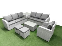 Rackhams 9 Seater Poly Rattan Outdoor Garden Furniture Sofa Set Patio 3 Seater Sofa Reclining Chair 3 Seater Sofa Stools Side Table Light Grey - thumbnail 2