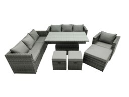 Rackhams Rattan Dining Table Sofa Set with 3 Footstool Armchair Outdoor 10 Seat Garden Furniture Set Dark Grey Mixed - thumbnail 1