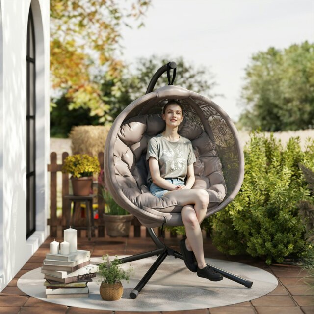 Rackhams Hanging Swing Chair w/ Metal Stand & Side Pocket, Charcoal Grey - Sand brown - image 1