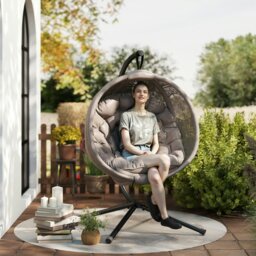 Rackhams Hanging Swing Chair w/ Metal Stand & Side Pocket, Charcoal Grey - Sand brown - thumbnail 1