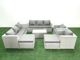 Rackhams Outdoor Rattan Sofa Garden Furniture Set with 2 Armchairs Oblong Coffee Table 2 Big Footstools Side Table Light Grey Mixed - thumbnail 1