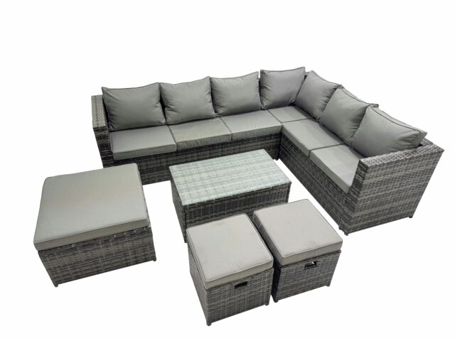 Rackhams Outdoor PE Rattan Garden Furniture Sofa Set with Oblong Coffee Table Big Stool 2 Small Stools Dark Grey - image 1