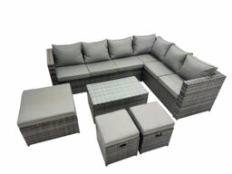Rackhams Outdoor PE Rattan Garden Furniture Sofa Set with Oblong Coffee Table Big Stool 2 Small Stools Dark Grey - thumbnail 1