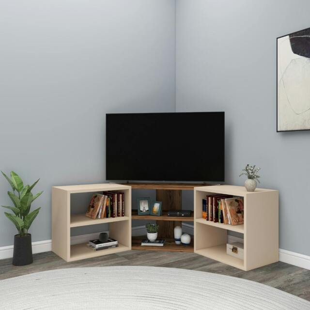 Rackhams Bonnett Corner TV Stand & Entertainment Center - Light Walnut & Beige