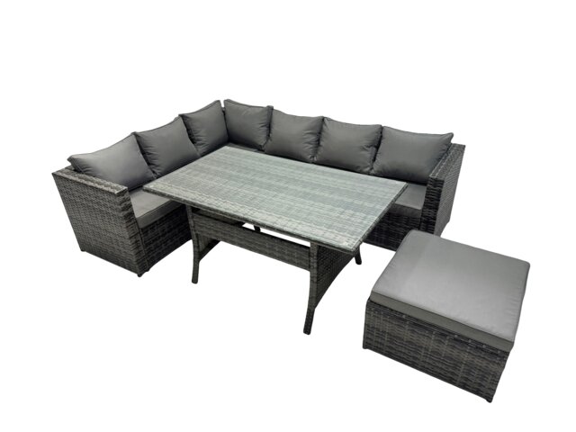 Rackhams Outdoor PE Rattan Sofa Set with Dining Table Patio Garden Furniture Sets with Big Stool Dark Grey Mixed - image 1